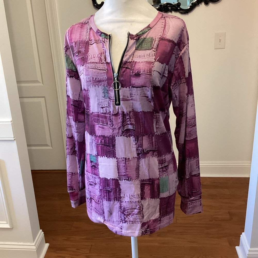 ZIP Front Patchwork Pattern Top